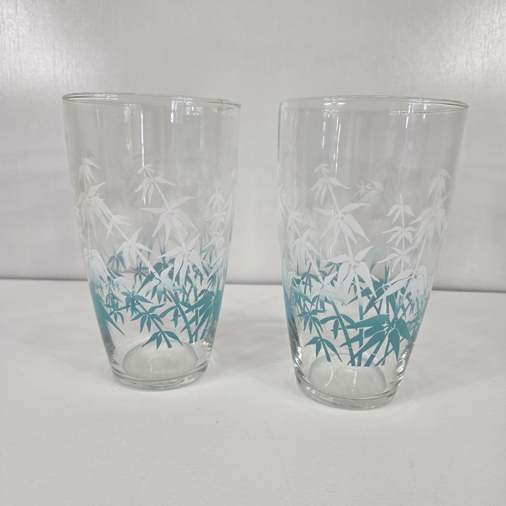 VTG Libbey Bamboo Tall Drinking Glasses Turquoise & White Glass Tumblers Tall